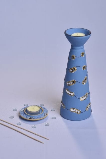 Antarang- terracotta- handcrafted- blue long diya