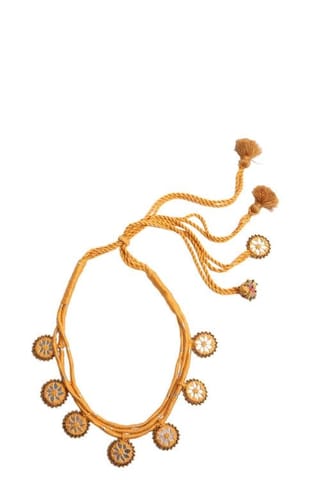 Antarang, yellow ocher kajal cord neckpiece, 100% cotton. Hand made by divyang rural women