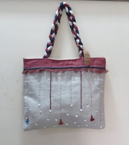 Kritenya - Tote Bag In Linen Cotton With Maroon Handwork Details .