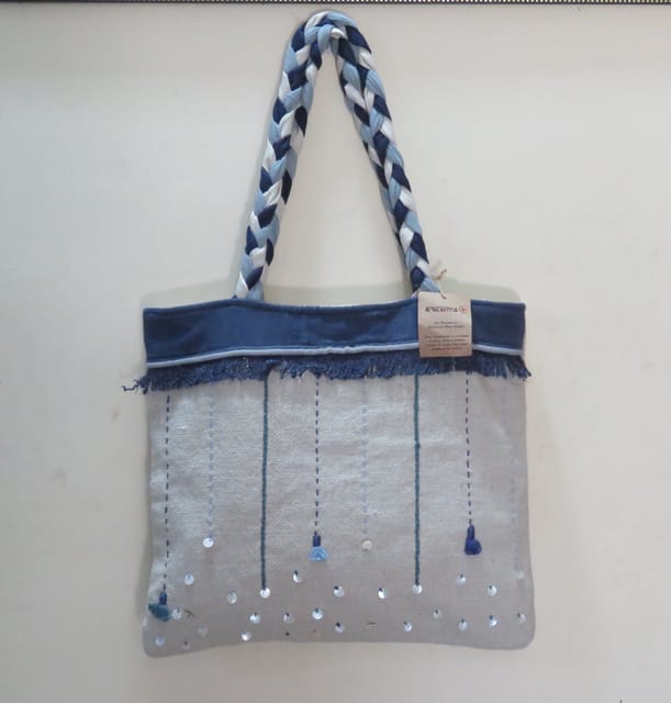 Kritenya - Tote Bag In Linen Cotton With Blue Handwork Details .