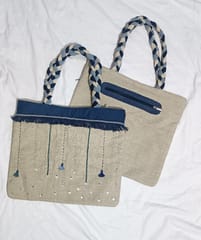 Kritenya - Tote Bag In Linen Cotton With Blue Handwork Details .