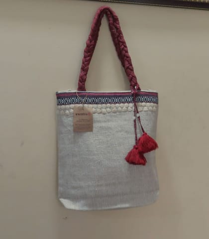 Kritenya - Small Tote bag In Linen Cotton With Maroon Details