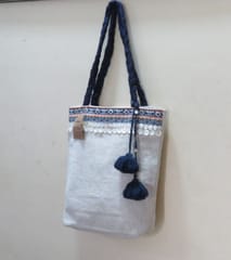 Kritenya - Small Tote Bag In Linen Cotton With Blue Details.