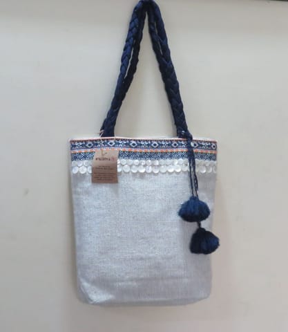 Kritenya - Small Tote Bag In Linen Cotton With Blue Details.