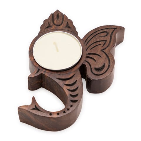 Eyass - Block Carved Wood Stained T-light Holder Ganesha