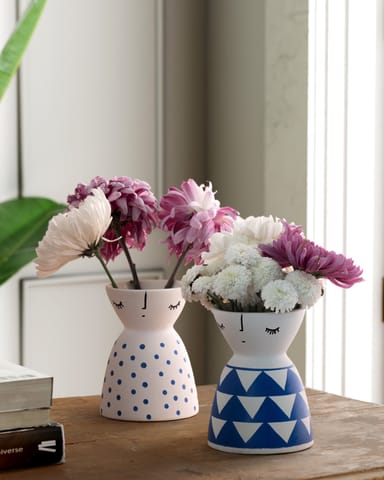 Eyass - Ceramic Flower Vase (Set of 2) White Blue Dot & Triangle 5x4