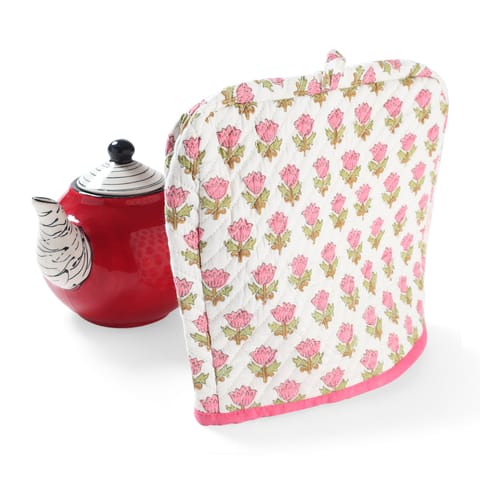 Eyaas - Hand Block Printed Tea Cozy White & Pink - 9x11.5