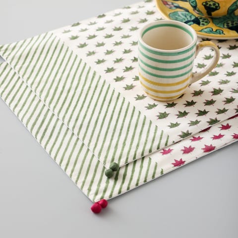 Eyass - Hand Block Printed Chanderi Table Mats with Lotus in Green & Pink - Set of 2 - 14x18