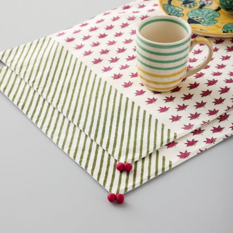 Eyass - Hand Block Printed Chanderi Table Mats in Pink Lotus & Green Stripes Set of 2 - 14x18