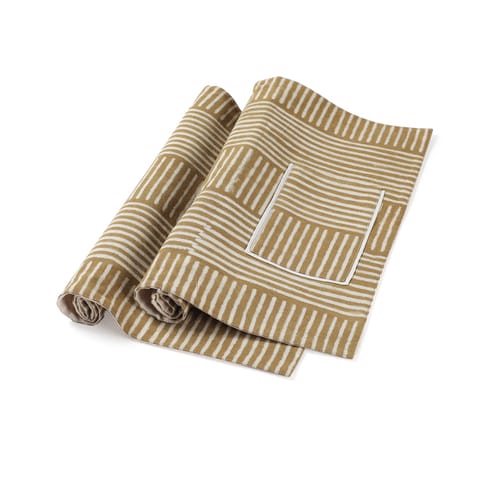Eyass - Dabu Table Mats in Muddy Green & White Stripes with Pockets - Set of 2- 14x18"