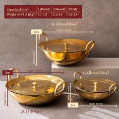 P-Tal - Set of 3 Brass Kadhais (1L round base, 3L round base, 3L flat base)