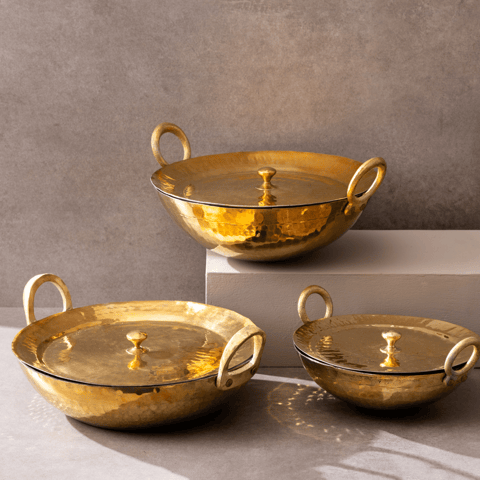 P-Tal - Set of 3 Brass Kadhais (1L round base, 3L round base, 3L flat base)
