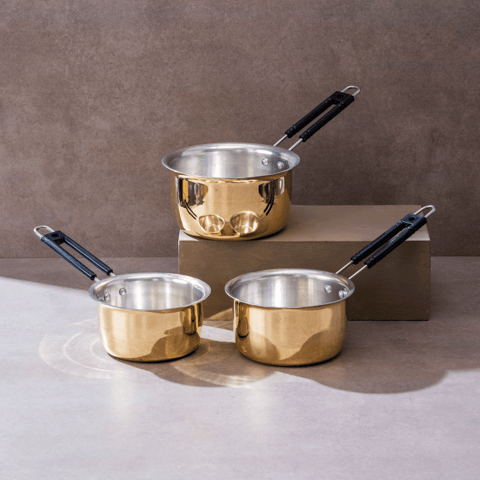 P-Tal - Set of 3 Brass Saucepans (1L, 1.5L, 2L)