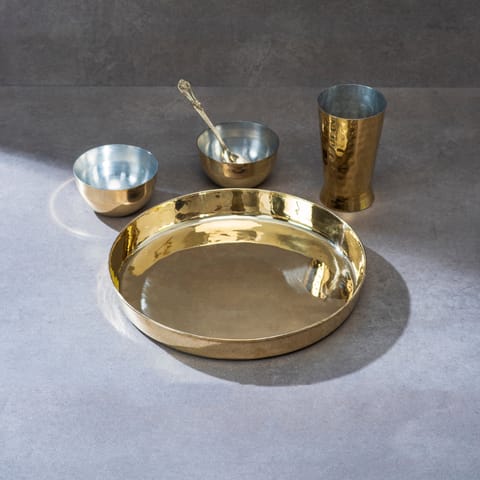 P-Tal - Brass Thaali Set - 5 pieces set (1 Thaali, 2 bowls, 1 glass and 1 spoon