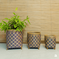 Ardpure - COBALT – Woven Design Bamboo Planter (Blue and Natural) Set of three.