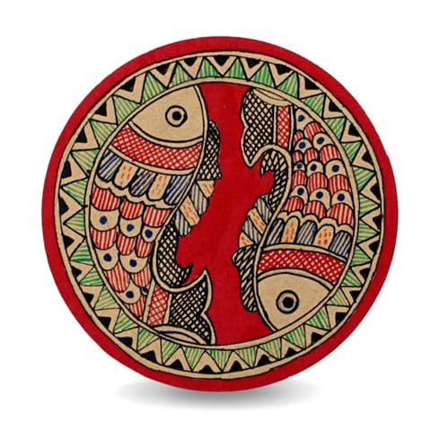 Prashast - Madhubani Hand-Painted Coasters | Set of 2 | Red | Meen