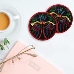 Prashast - Madhubani Hand-Painted Coasters | Set of 2 | Red | Mayur ka joda