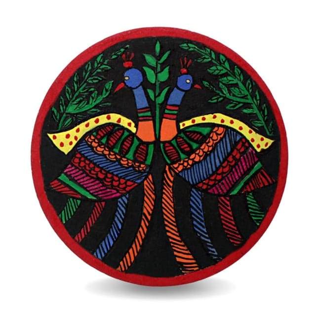 Prashast - Madhubani Hand-Painted Coasters | Set of 2 | Red | Mayur ka joda