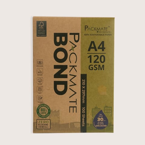 Packmate - Bond Paper (120 GSM | A4 Size - 100 Sheets)| Made From 100% Recycled Paper