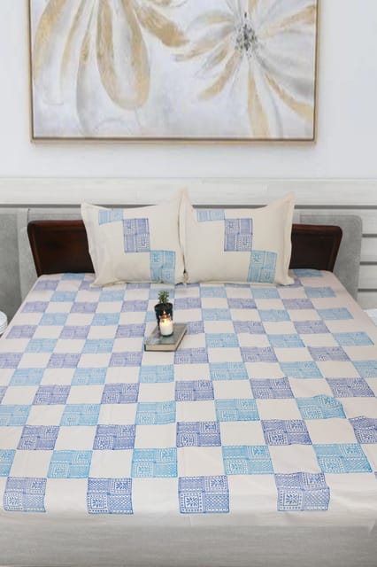 Rustic Route - Blue & Firozi Check Print Pattern Bedspread with Pillow Covers