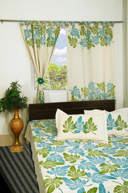 Rustic Route- Macaw Blue & Lemon Green leaf print Bedspread with Pillow covers