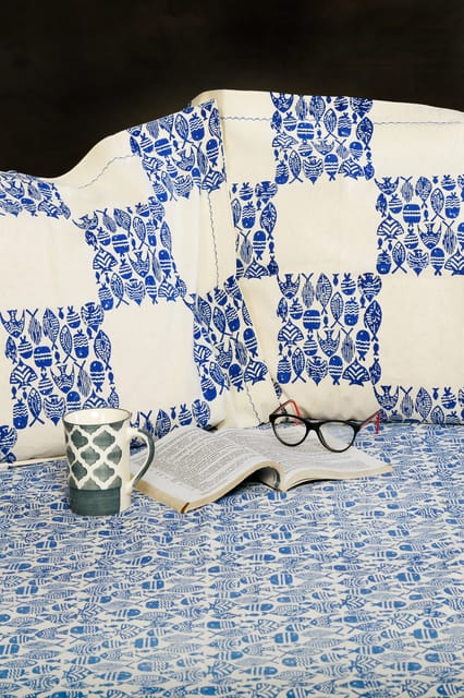 Rustic Route- Indigo Blue Fish Print Bedspread with Pillow Covers