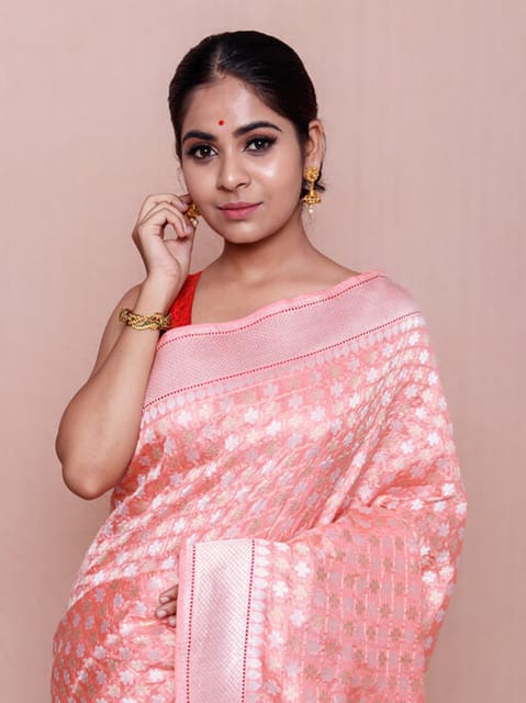HKV Benaras -floral check butidaar silk Saree