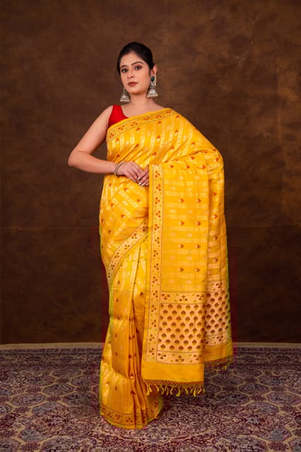 HKV Benaras -Pure Katan silk Kadhwa Bootidar with floral Border Banarasi Saree