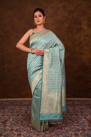 HKV Benaras -Pure Katan silk Kadhwa check Floral Bootidaar Jangla with Traditional Border Banarasi Saree