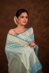 HKV Benaras -Pure Katan silk Kadhwa check Floral Bootidaar Jangla with Traditional Border Banarasi Saree