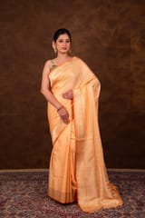 HKV Benaras -Pure Katan Silk Pastel Orange Kadhwa Satin Tanchoi Banarasi Saree