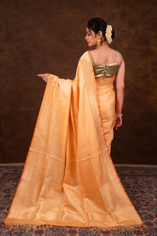 HKV Benaras -Pure Katan Silk Pastel Orange Kadhwa Satin Tanchoi Banarasi Saree