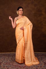HKV Benaras -Pure Katan Silk Pastel Orange Kadhwa Satin Tanchoi Banarasi Saree