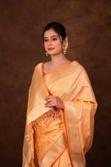 HKV Benaras -Pure Katan Silk Pastel Orange Kadhwa Satin Tanchoi Banarasi Saree