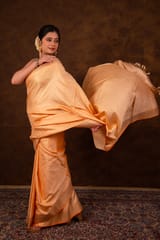 HKV Benaras -Pure Katan Silk Pastel Orange Kadhwa Satin Tanchoi Banarasi Saree