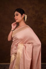 HKV Benaras -Pure Katan Silk Pastel Peach Kadhwa Satin Tanchoi Banarasi Saree