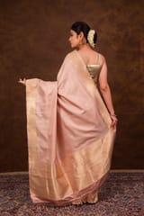 HKV Benaras -Pure Katan Silk Pastel Peach Kadhwa Satin Tanchoi Banarasi Saree