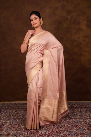 HKV Benaras -Pure Katan Silk Pastel Peach Kadhwa Satin Tanchoi Banarasi Saree