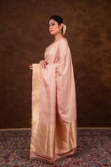HKV Benaras -Pure Katan Silk Pastel Peach Kadhwa Satin Tanchoi Banarasi Saree