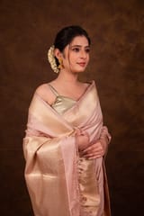 HKV Benaras -Pure Katan Silk Pastel Peach Kadhwa Satin Tanchoi Banarasi Saree