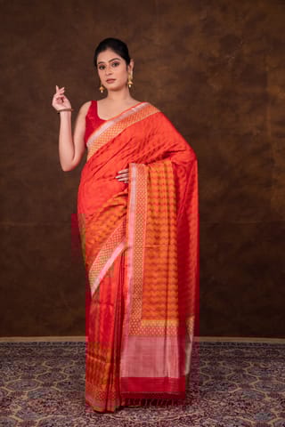 HKV Benaras -Pure Katan Silk Red Kadhwa Satin Tanchoi Banarasi Saree