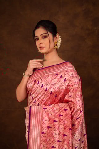 HKV Benaras -Pure Katan silk Shuttle Zari Kadhwa Meenakari Jangla with Traditional Border Banarasi Saree