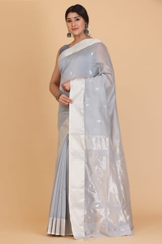Living Looms of India - Maheshwari Silver Zari Border & Big Buti Grey Cotton and Silk Saree