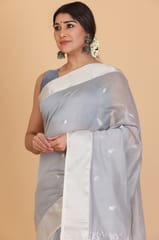Living Looms of India - Maheshwari Silver Zari Border & Big Buti Grey Cotton and Silk Saree