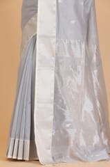 Living Looms of India - Maheshwari Silver Zari Border & Big Buti Grey Cotton and Silk Saree
