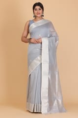 Living Looms of India - Maheshwari Silver Zari Border & Big Buti Grey Cotton and Silk Saree
