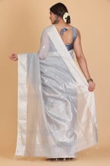 Living Looms of India - Maheshwari Silver Zari Border & Big Buti Grey Cotton and Silk Saree