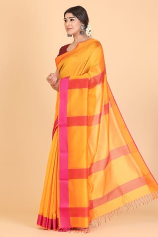 Living Looms of India - Maheshwari Ganga Jamuna Border Orange Cotton and Silk Saree
