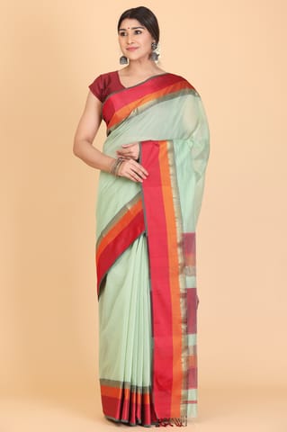 Living Looms of India - Maheshwari Multicolour Border Pista Green Cotton and Silk Saree