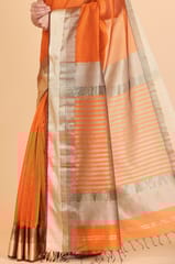 Living Looms of India - Maheshwari Cotton and Silk Zig Zag Rassa Rasta Biskit Orange Saree